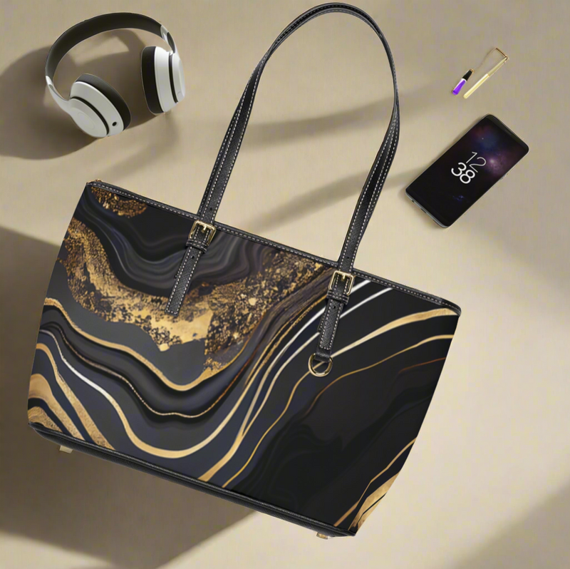 Elegant Gold and Black PU Leather Shoulder Bag
