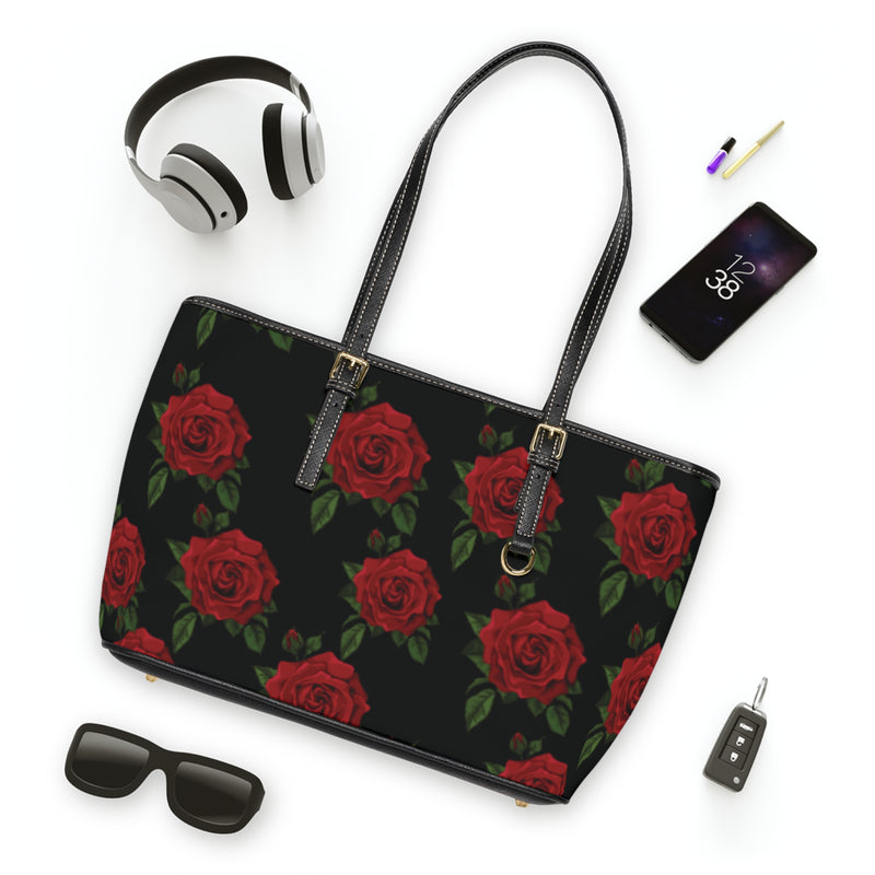 Floral PU Leather Shoulder Bag - Elegant Red Roses Design