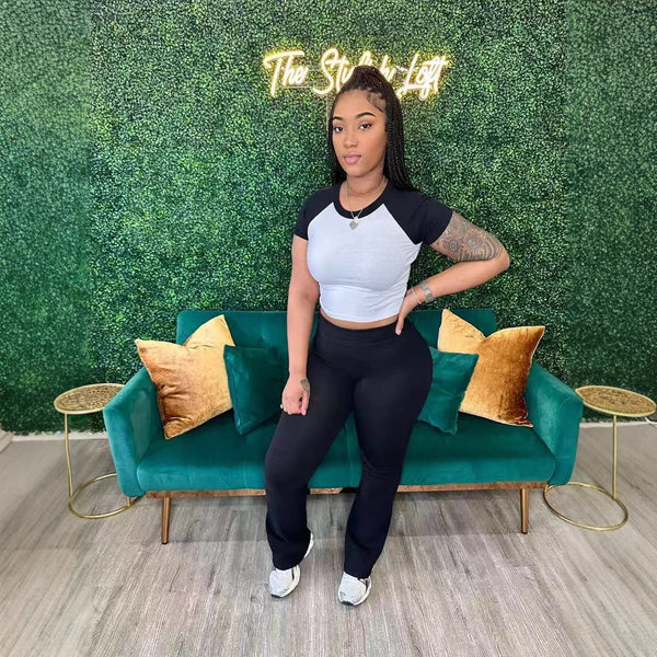 Women's Contrast Color Short-sleeved Trousers Casual Two-piece Suit